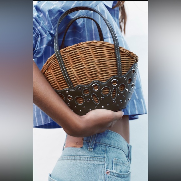 Zara woven basket bag rattan leather, metal details - Picture 3 of 10